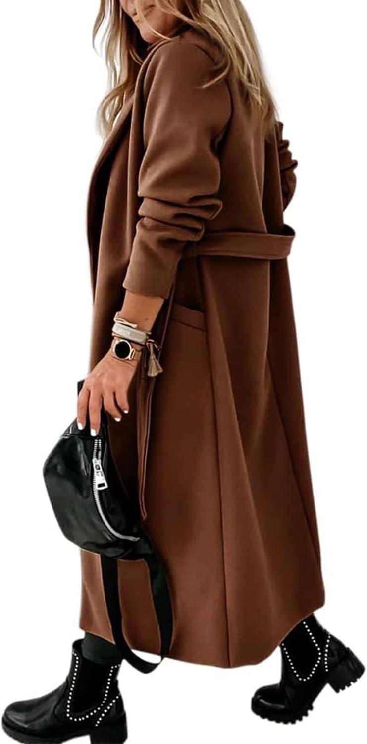 imageTankaneo Womens Notched Lapel Collar Coats Open Front Long Jackets Overcoat with BeltBrown