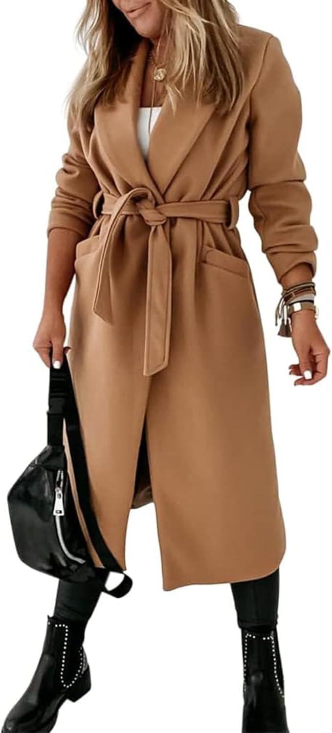 imageTankaneo Womens Notched Lapel Collar Coats Open Front Long Jackets Overcoat with BeltCamel