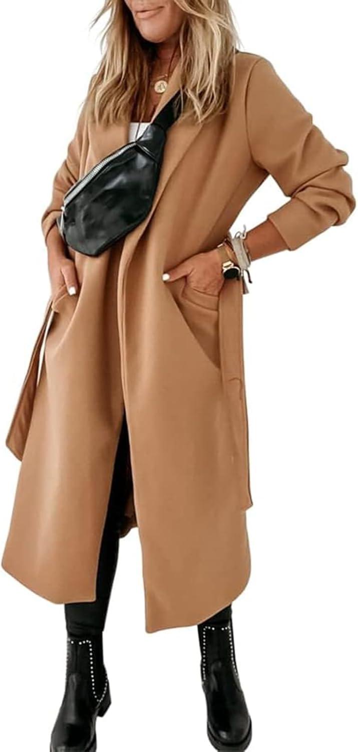 imageTankaneo Womens Notched Lapel Collar Coats Open Front Long Jackets Overcoat with BeltCamel