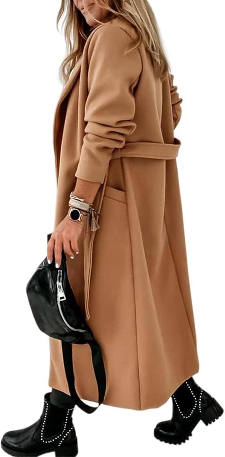 imageTankaneo Womens Notched Lapel Collar Coats Open Front Long Jackets Overcoat with BeltCamel