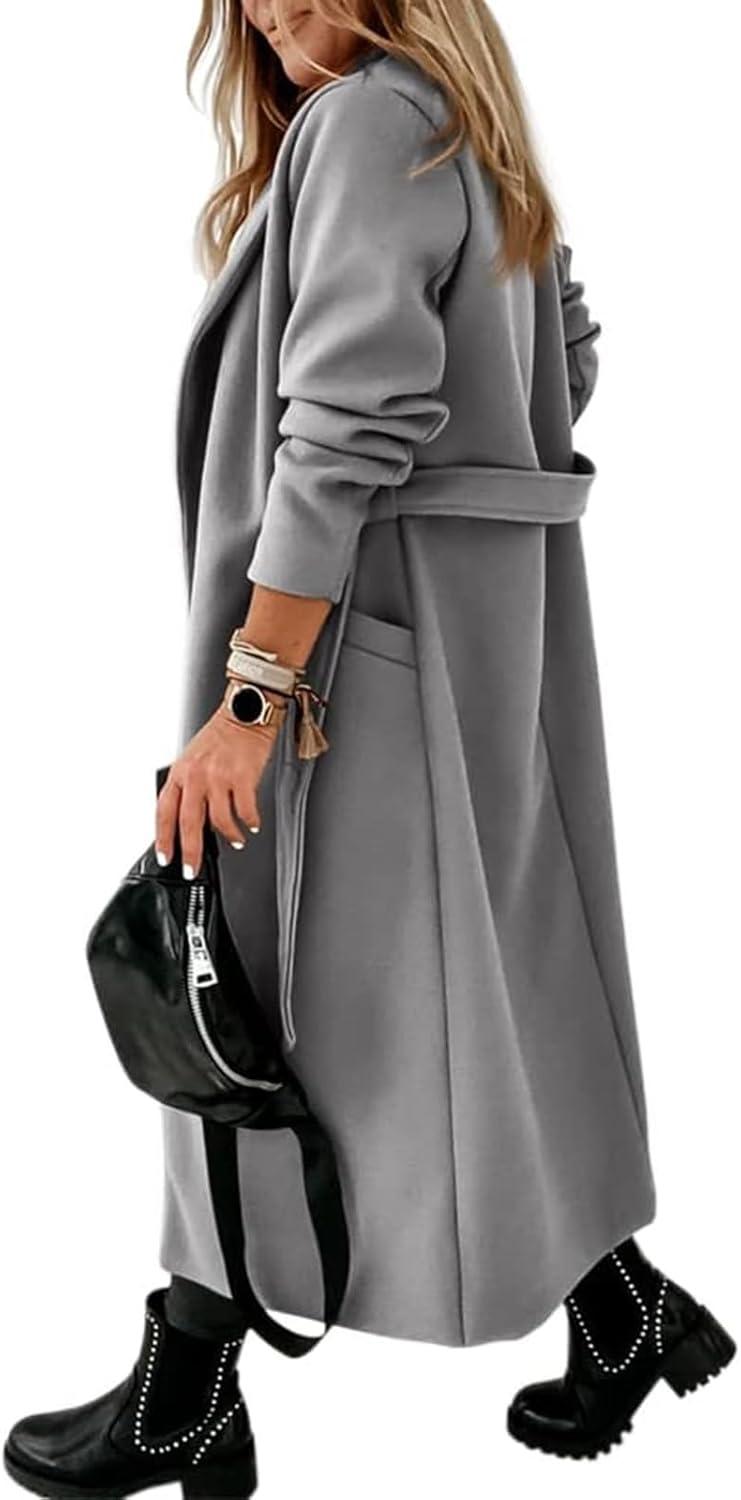 imageTankaneo Womens Notched Lapel Collar Coats Open Front Long Jackets Overcoat with BeltGrey