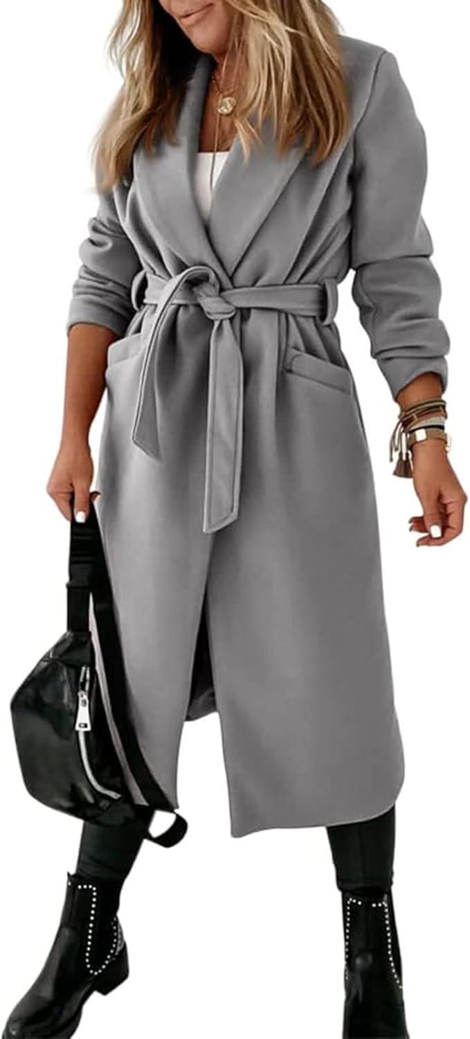 imageTankaneo Womens Notched Lapel Collar Coats Open Front Long Jackets Overcoat with BeltGrey