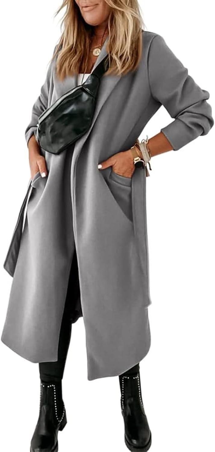 imageTankaneo Womens Notched Lapel Collar Coats Open Front Long Jackets Overcoat with BeltGrey