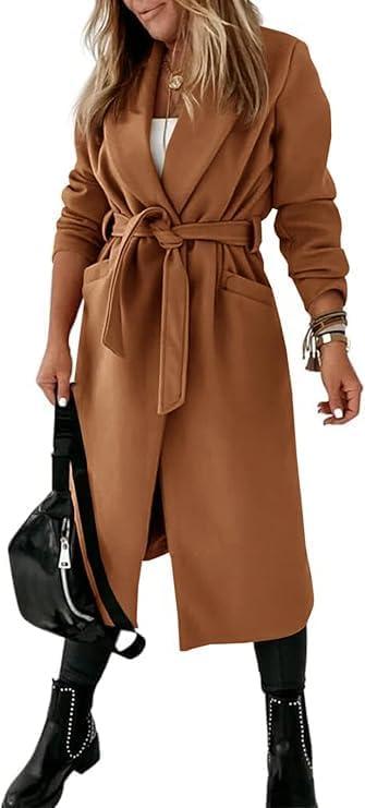 imageTankaneo Womens Notched Lapel Collar Coats Open Front Long Jackets Overcoat with BeltLight Brown