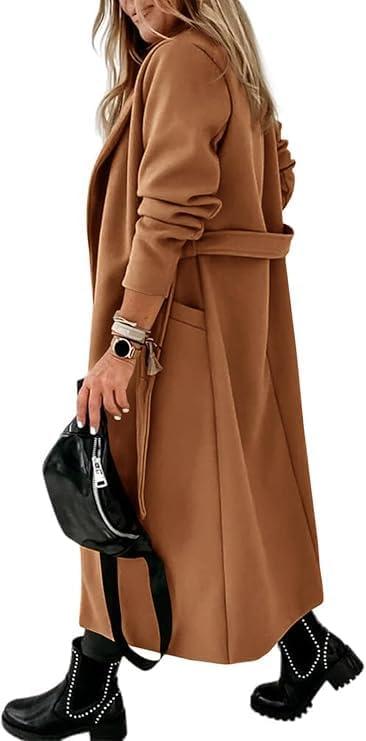imageTankaneo Womens Notched Lapel Collar Coats Open Front Long Jackets Overcoat with BeltLight Brown