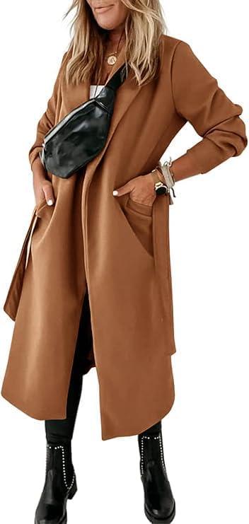 imageTankaneo Womens Notched Lapel Collar Coats Open Front Long Jackets Overcoat with BeltLight Brown