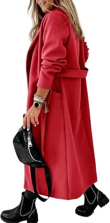 imageTankaneo Womens Notched Lapel Collar Coats Open Front Long Jackets Overcoat with BeltRed