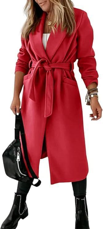 imageTankaneo Womens Notched Lapel Collar Coats Open Front Long Jackets Overcoat with BeltRed
