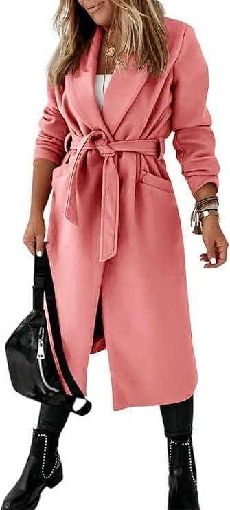 imageTankaneo Womens Notched Lapel Collar Coats Open Front Long Jackets Overcoat with BeltWatermelon Red