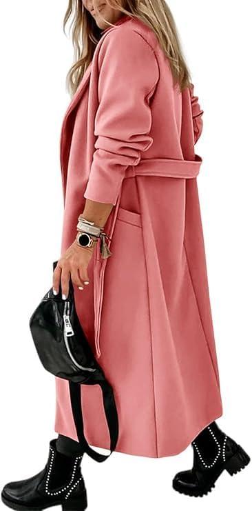 imageTankaneo Womens Notched Lapel Collar Coats Open Front Long Jackets Overcoat with BeltWatermelon Red