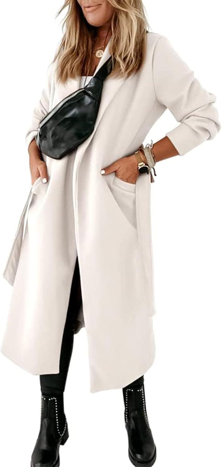 imageTankaneo Womens Notched Lapel Collar Coats Open Front Long Jackets Overcoat with BeltWhite