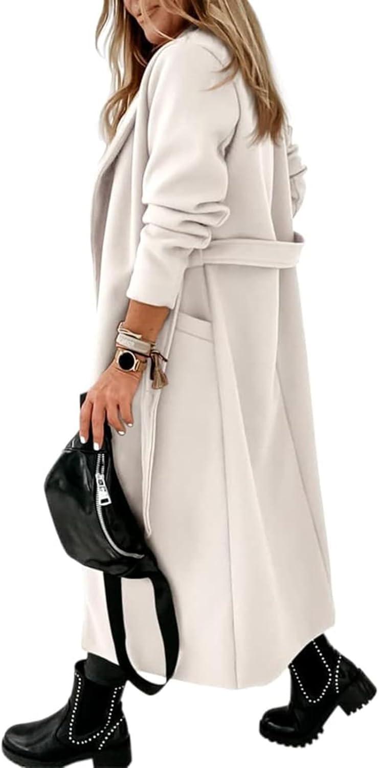 imageTankaneo Womens Notched Lapel Collar Coats Open Front Long Jackets Overcoat with BeltWhite