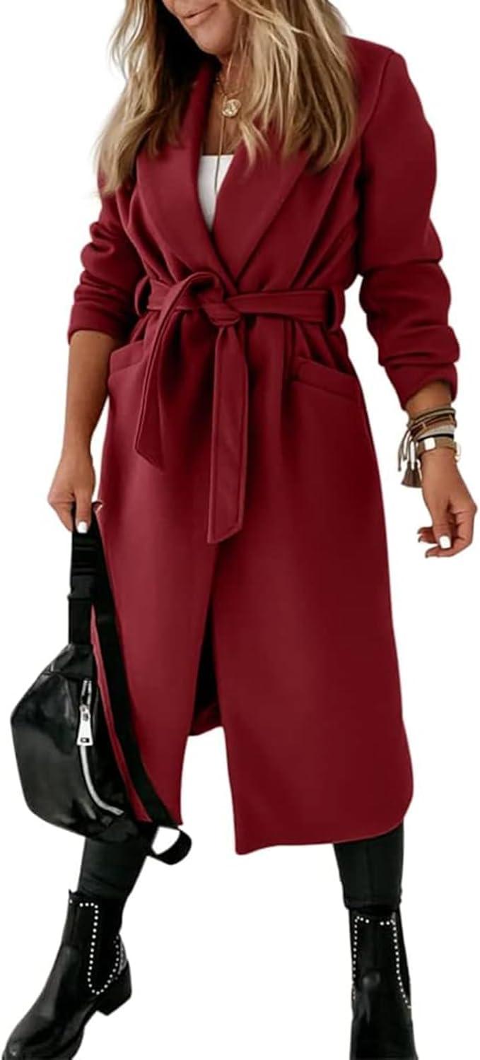 imageTankaneo Womens Notched Lapel Collar Coats Open Front Long Jackets Overcoat with BeltWine Red