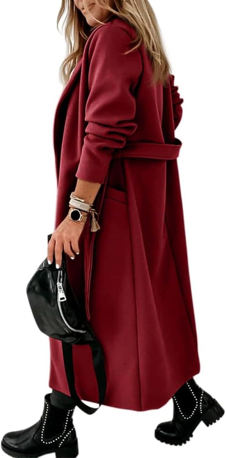 imageTankaneo Womens Notched Lapel Collar Coats Open Front Long Jackets Overcoat with BeltWine Red
