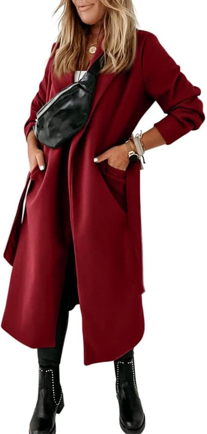 imageTankaneo Womens Notched Lapel Collar Coats Open Front Long Jackets Overcoat with BeltWine Red
