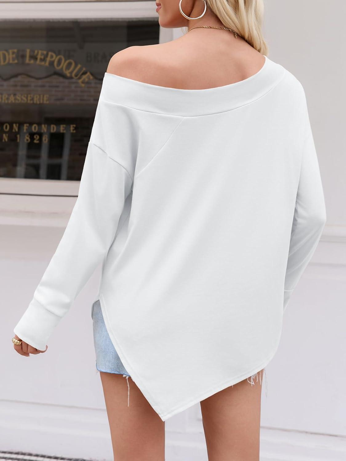 imageTankaneo Womens Off The Shoulder Tops Casual Long Sleeve T Shirts Irregular Hem Split Tunics Loose Fall Blouse ShirtWhite