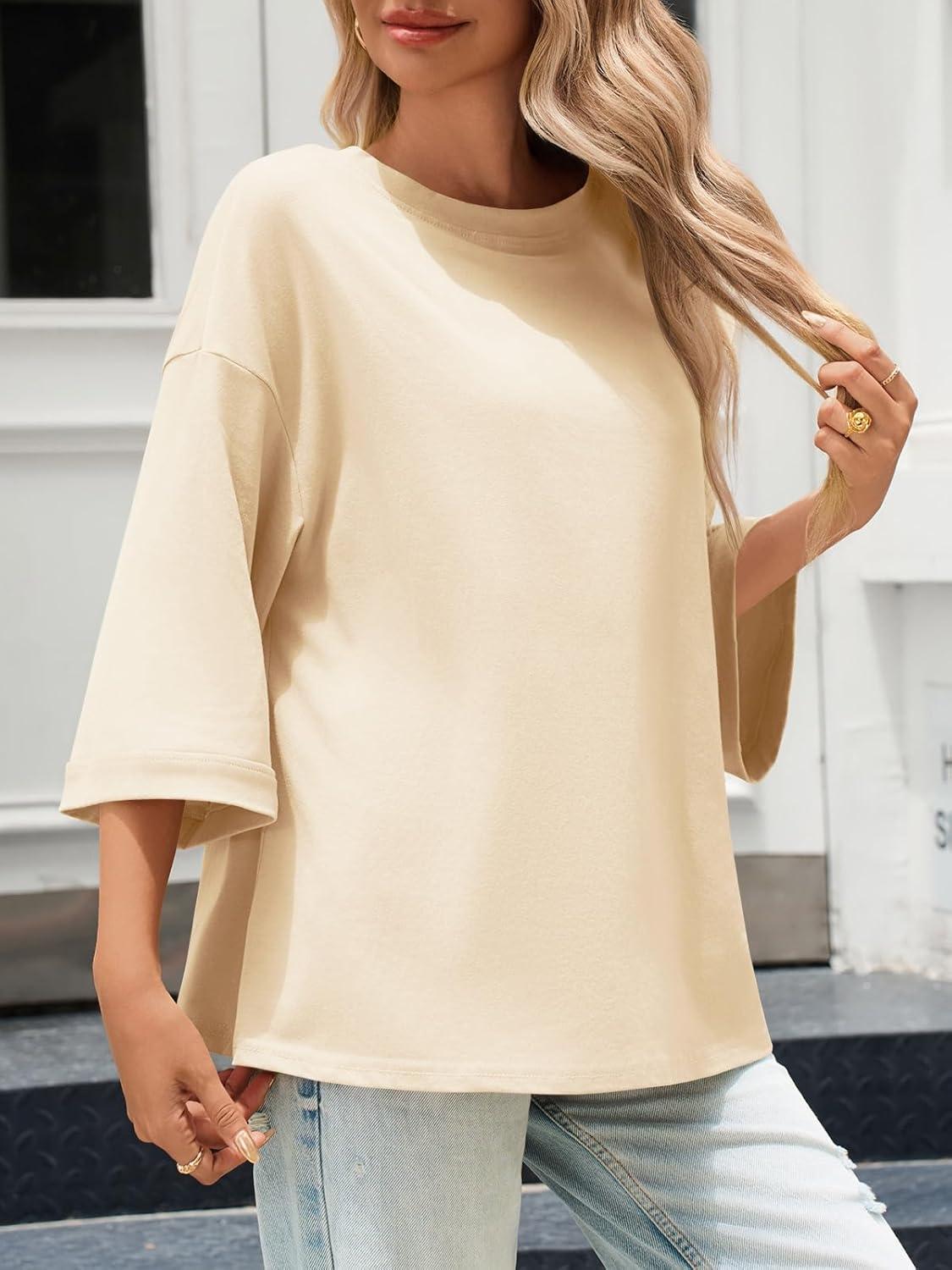 imageTankaneo Womens Oversized 34 Bell Sleeve TShirts Casual Crewneck Fall Trendy Tunic Tops Loose Fit Basic TeesBeige