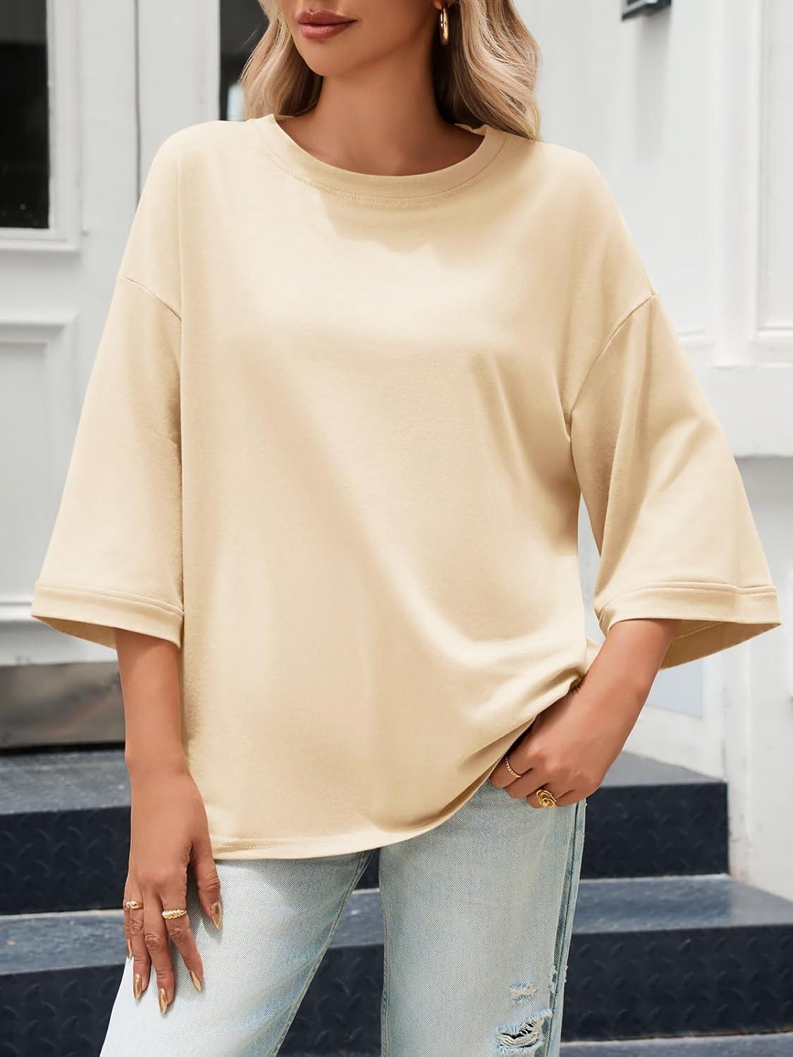 imageTankaneo Womens Oversized 34 Bell Sleeve TShirts Casual Crewneck Fall Trendy Tunic Tops Loose Fit Basic TeesBeige