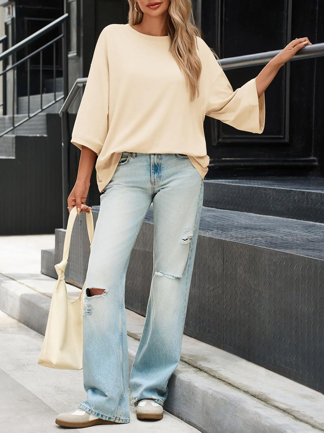 imageTankaneo Womens Oversized 34 Bell Sleeve TShirts Casual Crewneck Fall Trendy Tunic Tops Loose Fit Basic TeesBeige