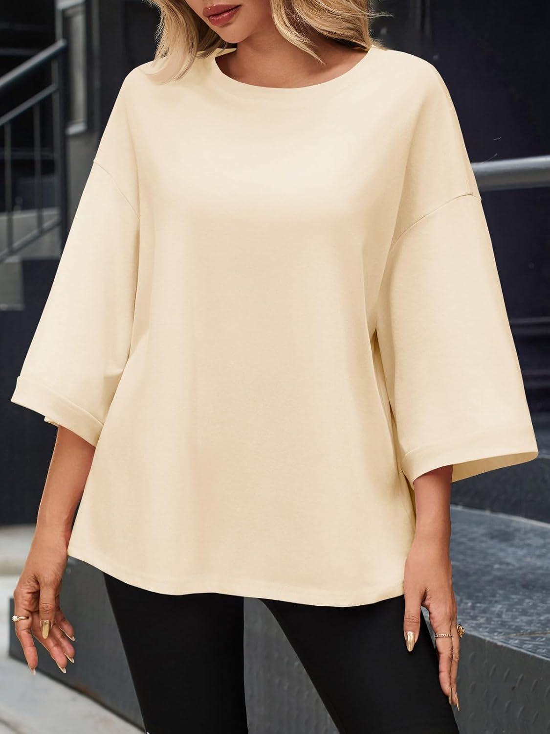 imageTankaneo Womens Oversized 34 Bell Sleeve TShirts Casual Crewneck Fall Trendy Tunic Tops Loose Fit Basic TeesBeige