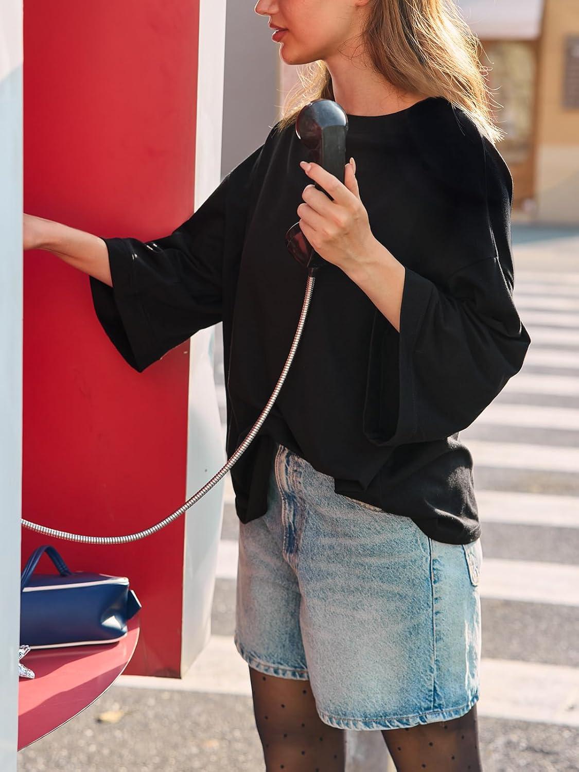 imageTankaneo Womens Oversized 34 Bell Sleeve TShirts Casual Crewneck Fall Trendy Tunic Tops Loose Fit Basic TeesBlack