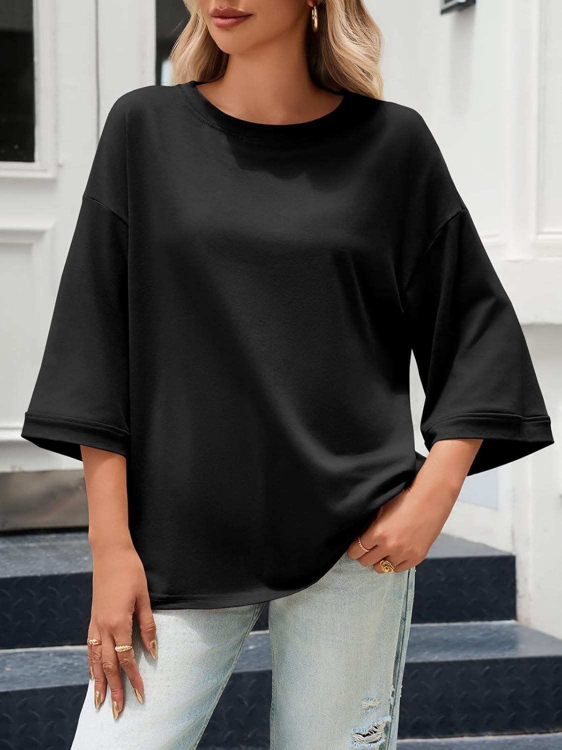 imageTankaneo Womens Oversized 34 Bell Sleeve TShirts Casual Crewneck Fall Trendy Tunic Tops Loose Fit Basic TeesBlack