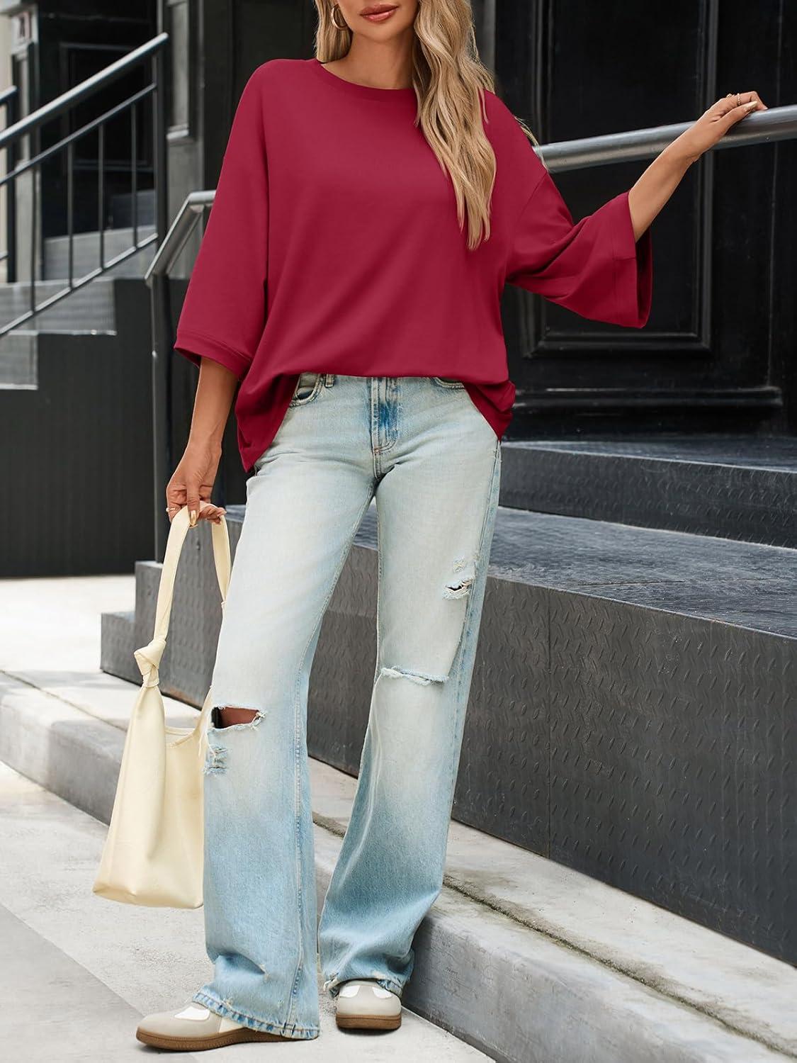 imageTankaneo Womens Oversized 34 Bell Sleeve TShirts Casual Crewneck Fall Trendy Tunic Tops Loose Fit Basic TeesBurgundy