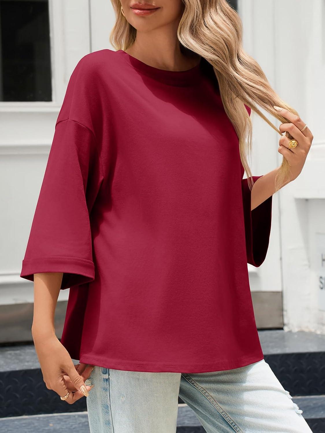 imageTankaneo Womens Oversized 34 Bell Sleeve TShirts Casual Crewneck Fall Trendy Tunic Tops Loose Fit Basic TeesBurgundy