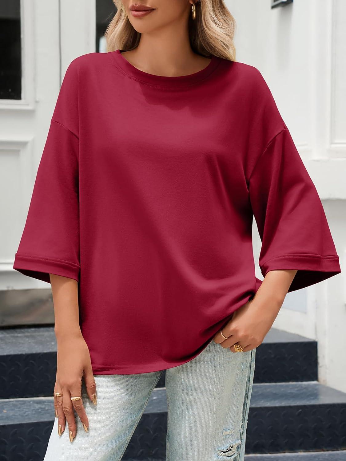 imageTankaneo Womens Oversized 34 Bell Sleeve TShirts Casual Crewneck Fall Trendy Tunic Tops Loose Fit Basic TeesBurgundy