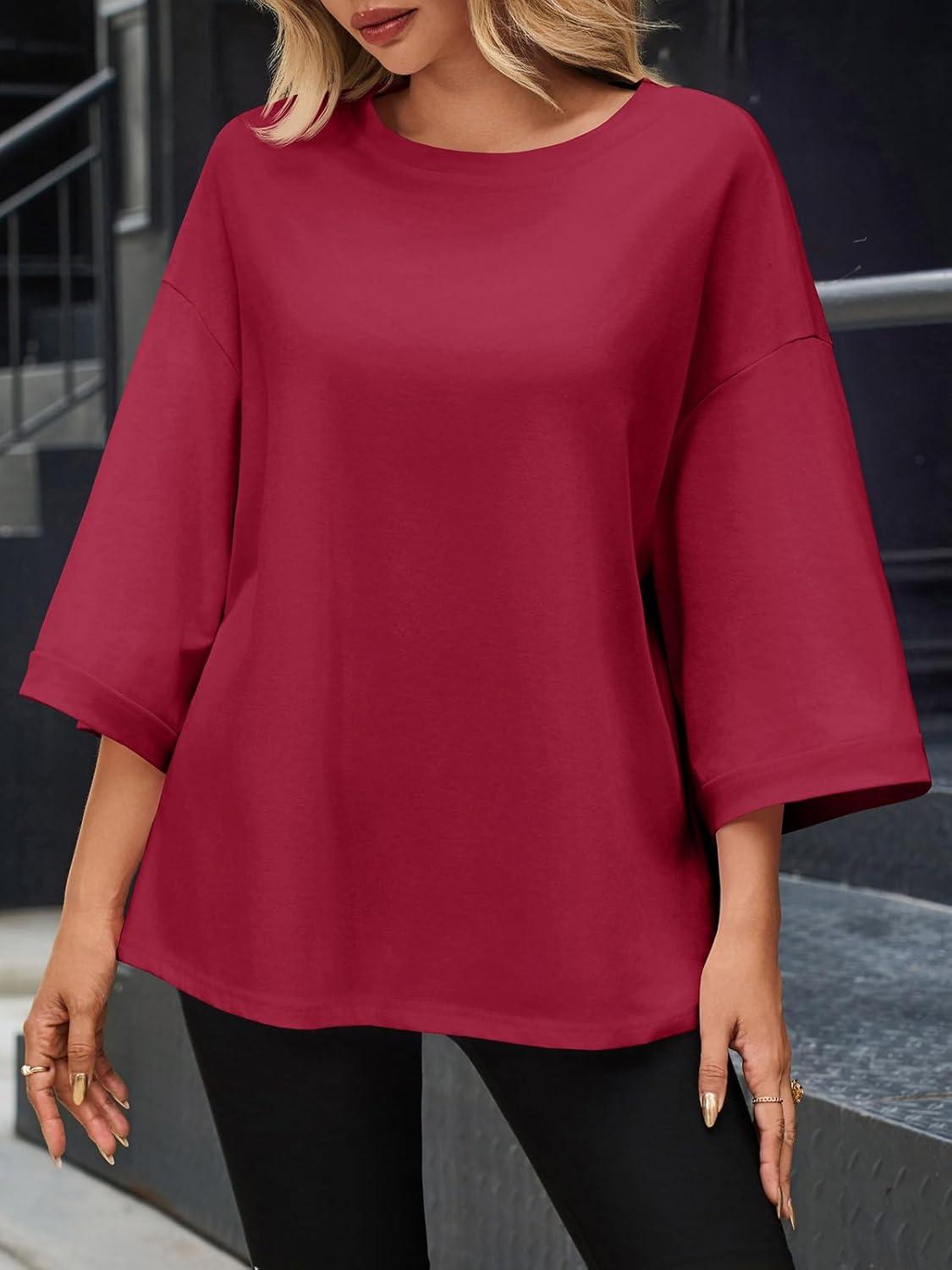 imageTankaneo Womens Oversized 34 Bell Sleeve TShirts Casual Crewneck Fall Trendy Tunic Tops Loose Fit Basic TeesBurgundy