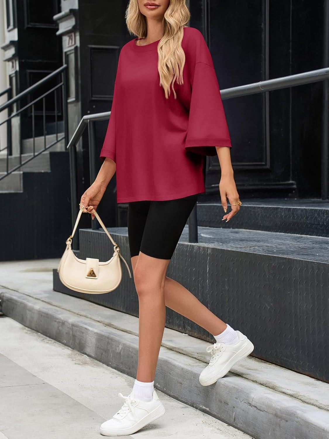 imageTankaneo Womens Oversized 34 Bell Sleeve TShirts Casual Crewneck Fall Trendy Tunic Tops Loose Fit Basic TeesBurgundy