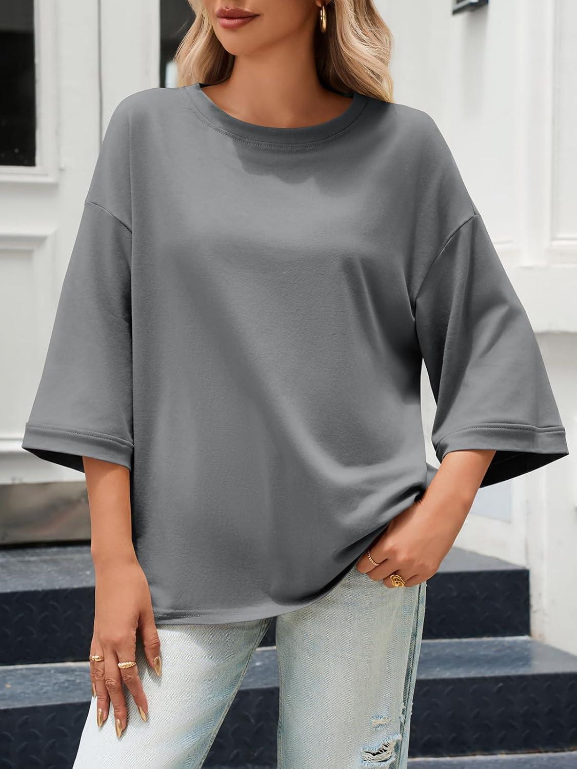 imageTankaneo Womens Oversized 34 Bell Sleeve TShirts Casual Crewneck Fall Trendy Tunic Tops Loose Fit Basic TeesGrey