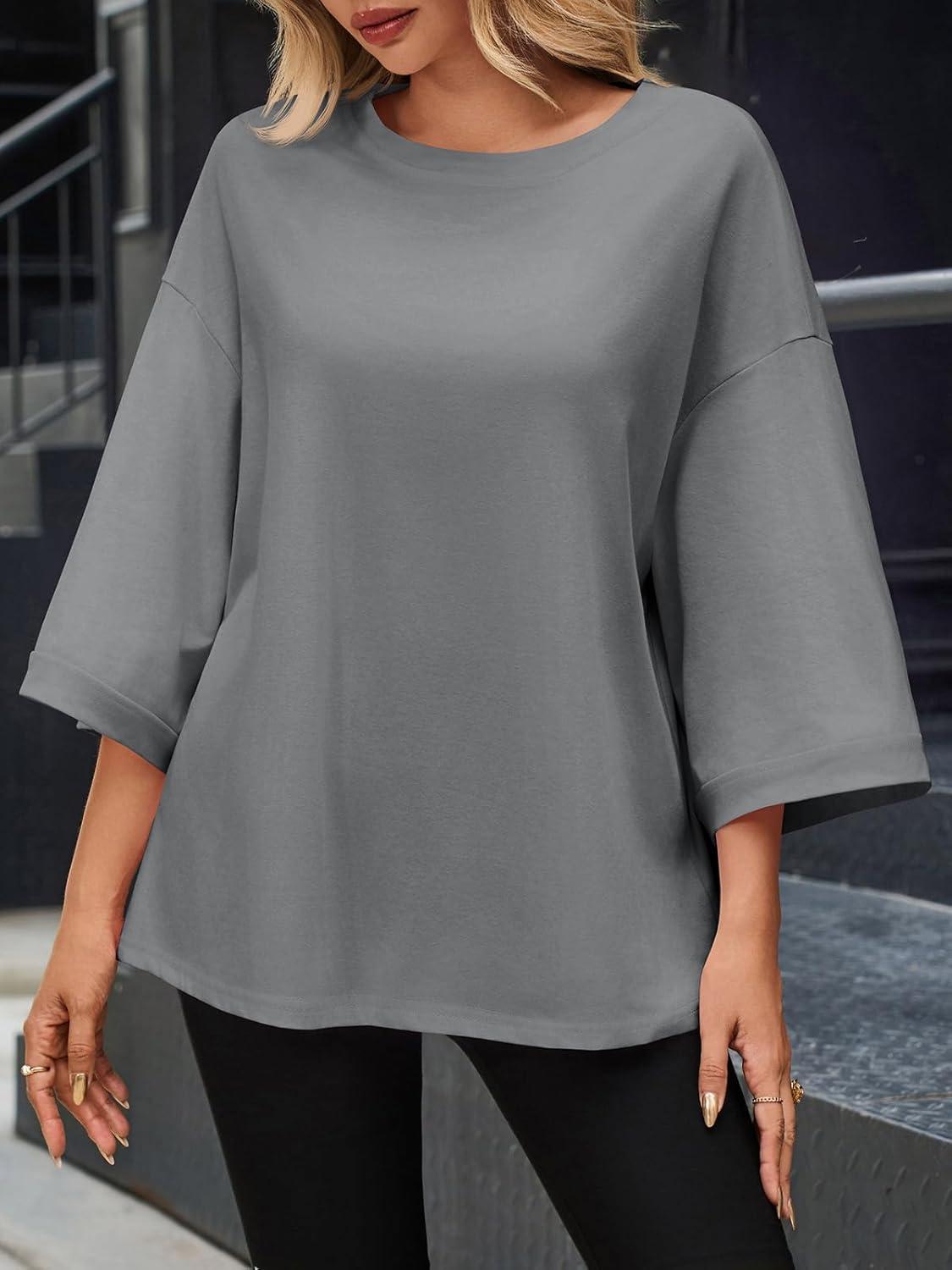 imageTankaneo Womens Oversized 34 Bell Sleeve TShirts Casual Crewneck Fall Trendy Tunic Tops Loose Fit Basic TeesGrey