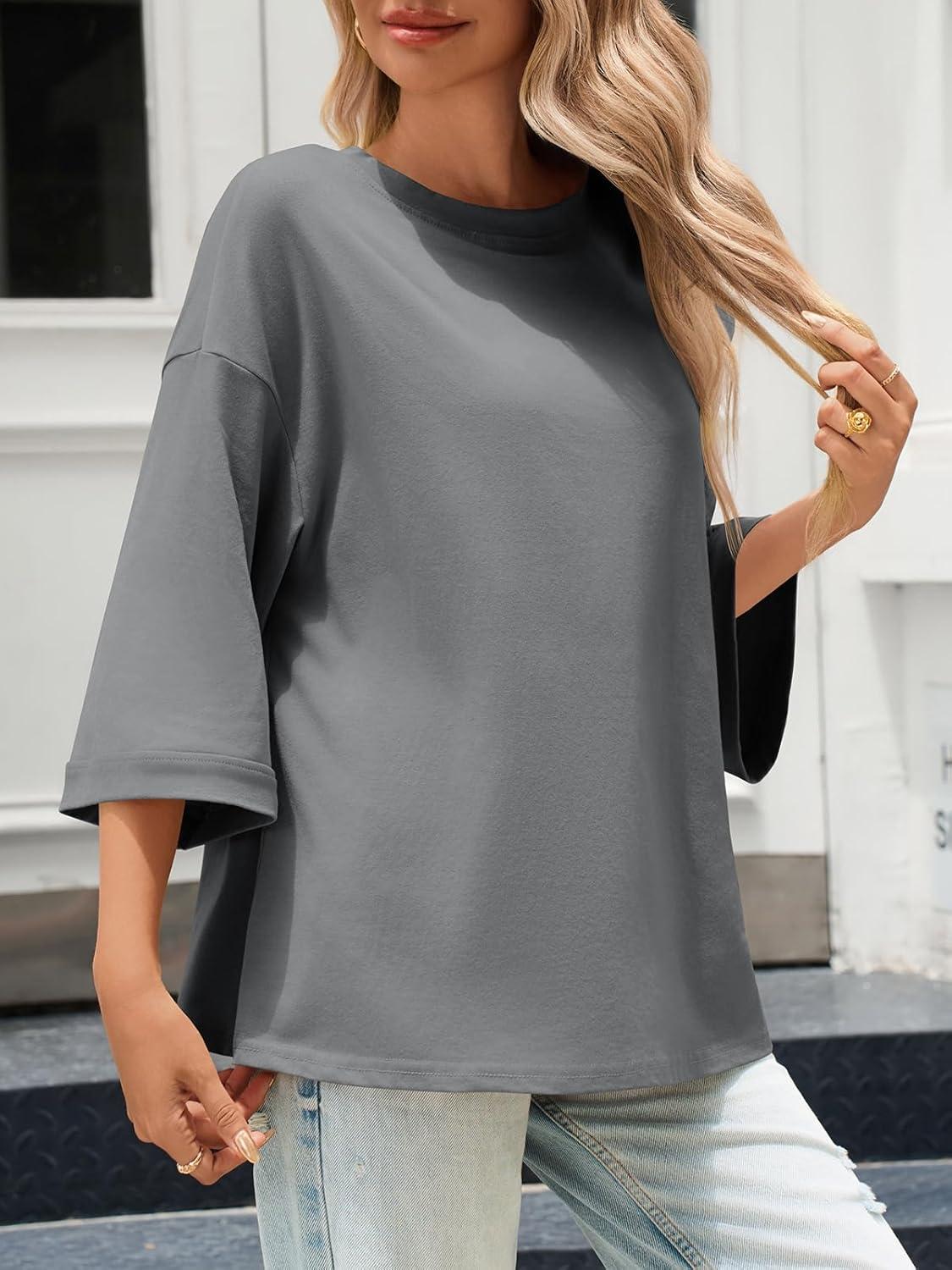 imageTankaneo Womens Oversized 34 Bell Sleeve TShirts Casual Crewneck Fall Trendy Tunic Tops Loose Fit Basic TeesGrey