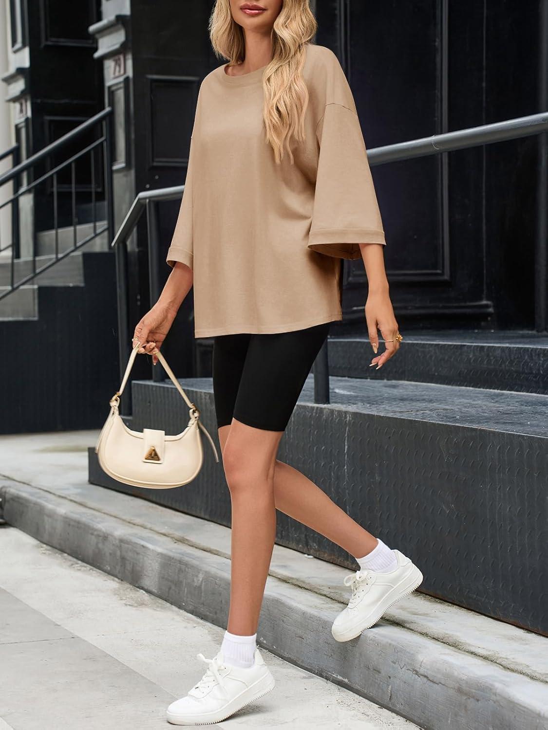 imageTankaneo Womens Oversized 34 Bell Sleeve TShirts Casual Crewneck Fall Trendy Tunic Tops Loose Fit Basic TeesKhaki