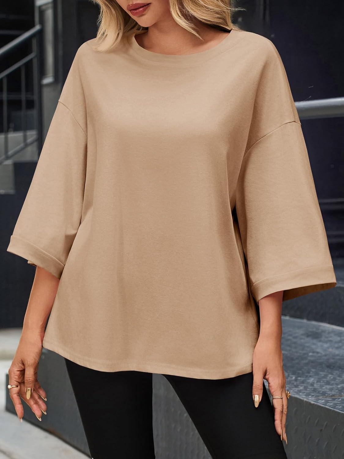 imageTankaneo Womens Oversized 34 Bell Sleeve TShirts Casual Crewneck Fall Trendy Tunic Tops Loose Fit Basic TeesKhaki