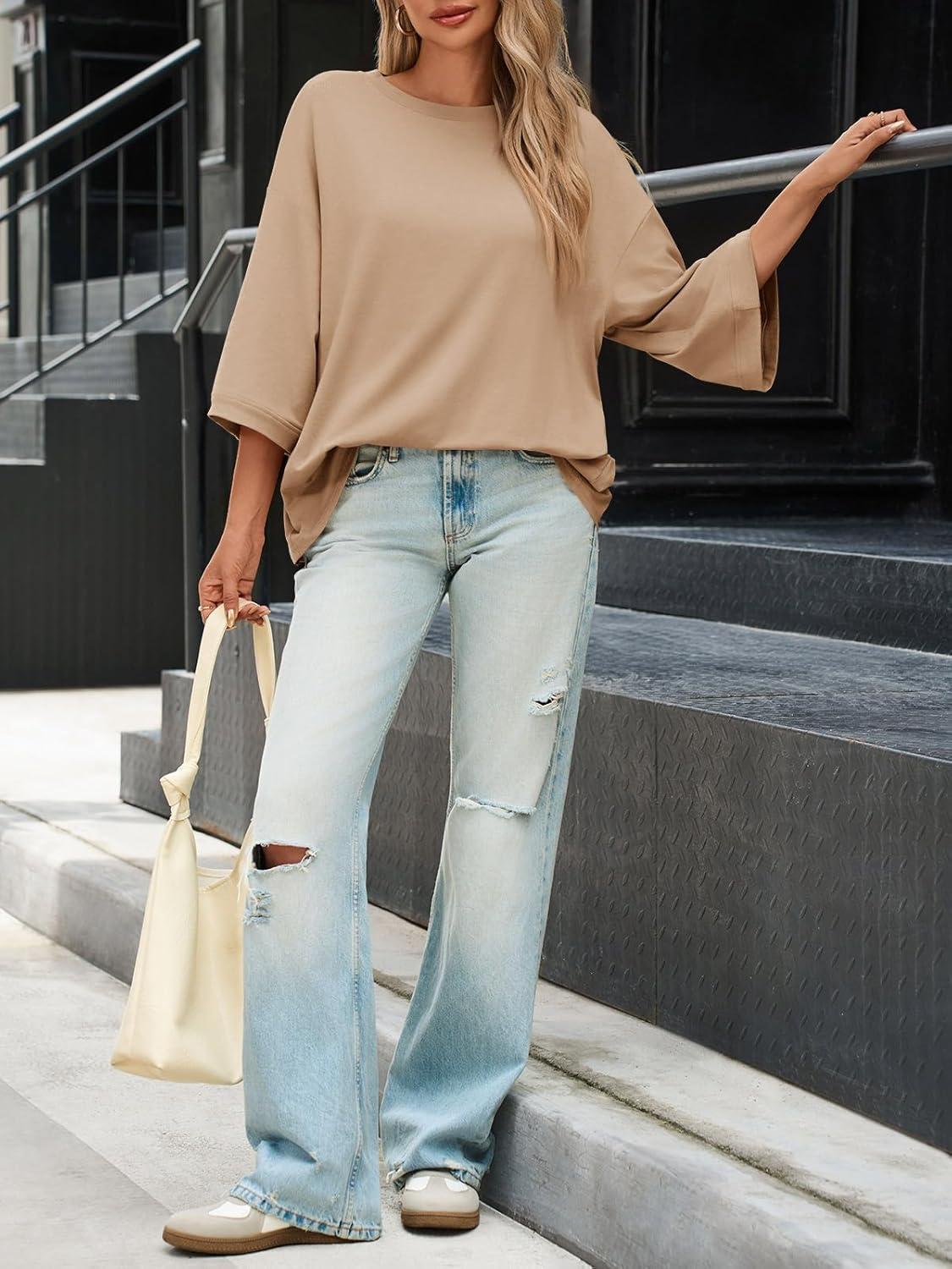 imageTankaneo Womens Oversized 34 Bell Sleeve TShirts Casual Crewneck Fall Trendy Tunic Tops Loose Fit Basic TeesKhaki