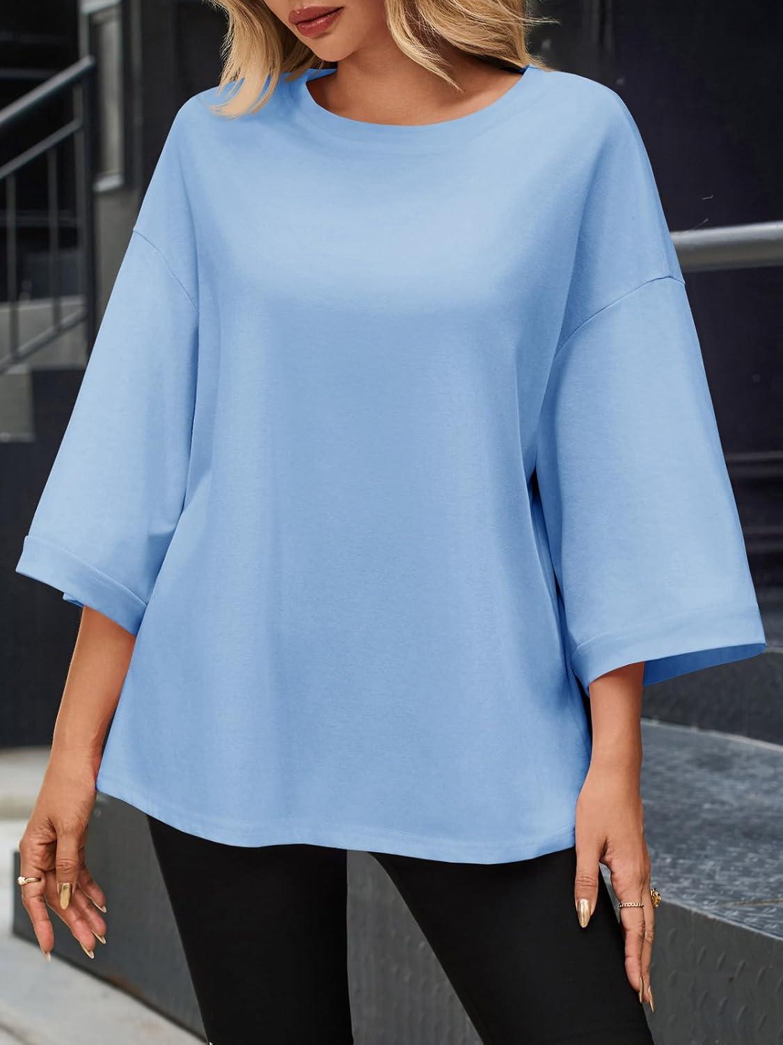 imageTankaneo Womens Oversized 34 Bell Sleeve TShirts Casual Crewneck Fall Trendy Tunic Tops Loose Fit Basic TeesLight Blue