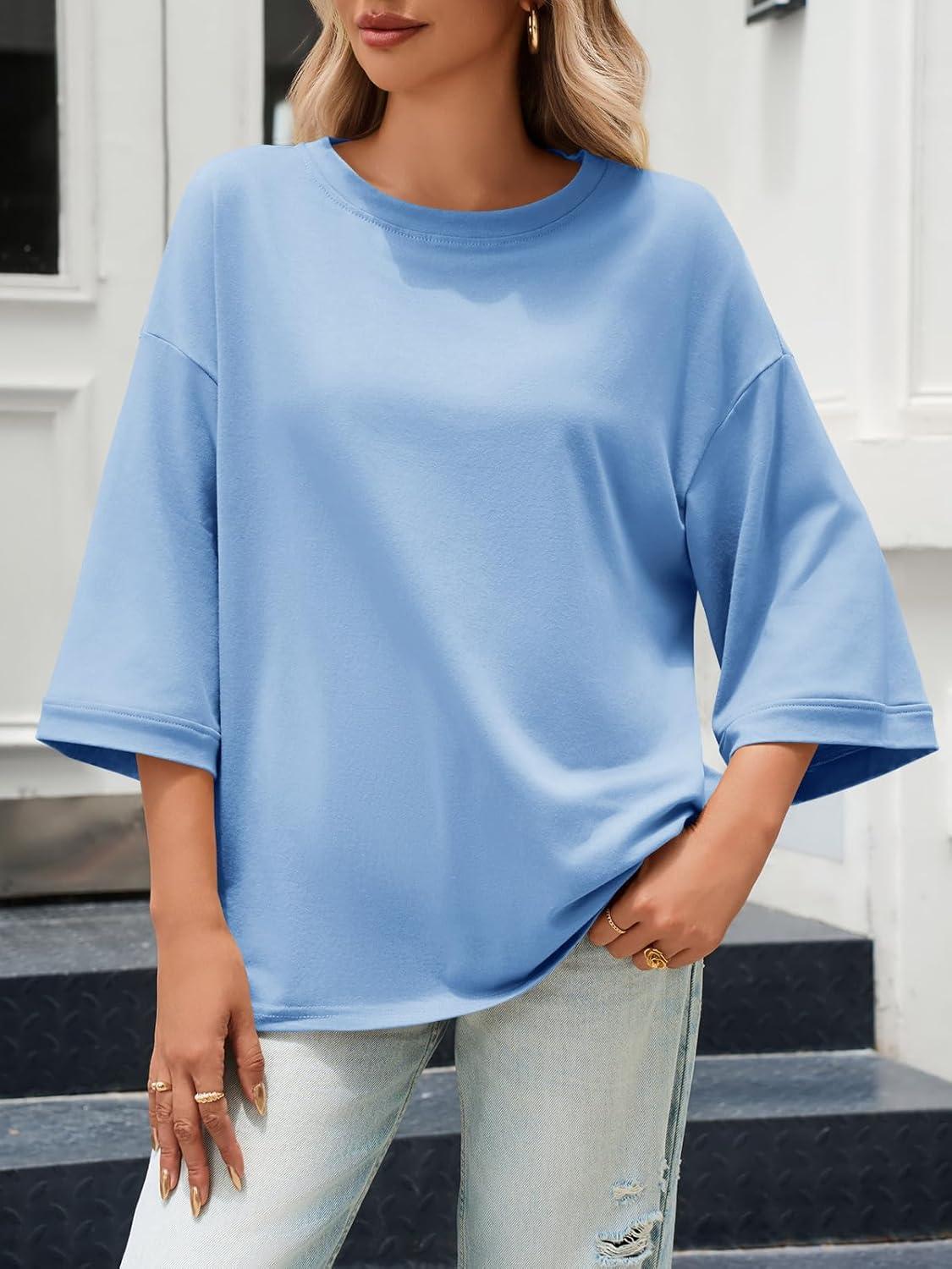 imageTankaneo Womens Oversized 34 Bell Sleeve TShirts Casual Crewneck Fall Trendy Tunic Tops Loose Fit Basic TeesLight Blue
