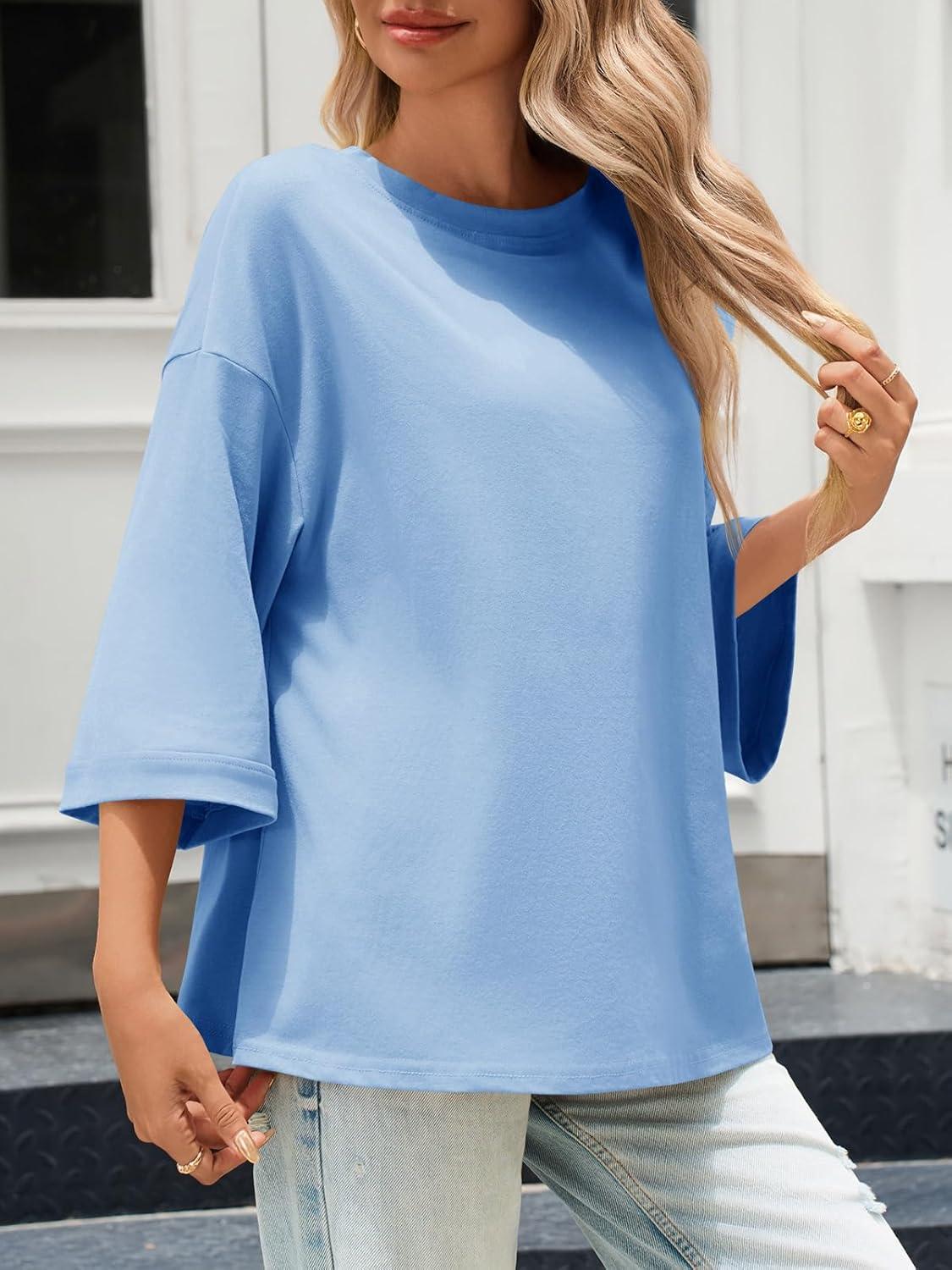 imageTankaneo Womens Oversized 34 Bell Sleeve TShirts Casual Crewneck Fall Trendy Tunic Tops Loose Fit Basic TeesLight Blue