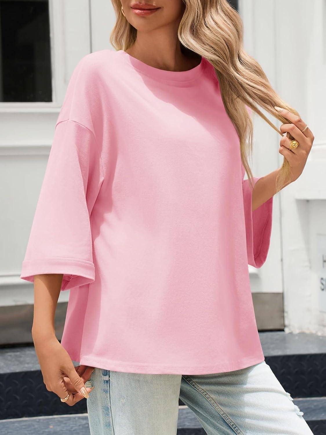 imageTankaneo Womens Oversized 34 Bell Sleeve TShirts Casual Crewneck Fall Trendy Tunic Tops Loose Fit Basic TeesPink