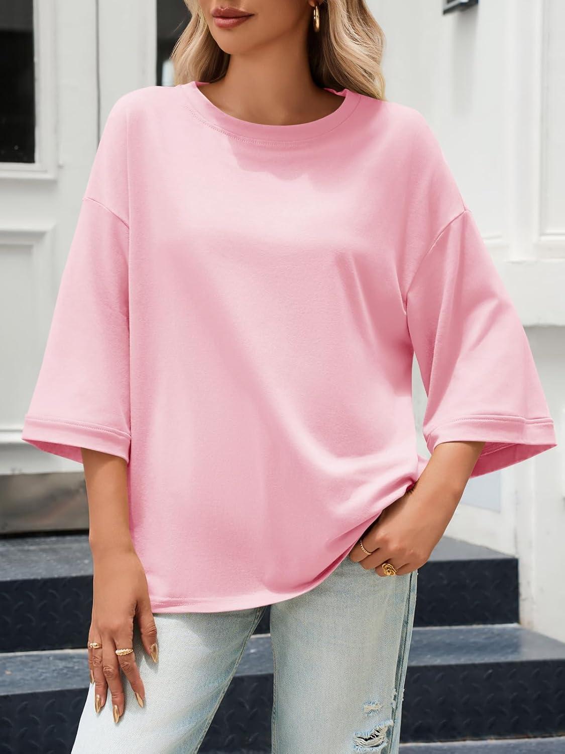 imageTankaneo Womens Oversized 34 Bell Sleeve TShirts Casual Crewneck Fall Trendy Tunic Tops Loose Fit Basic TeesPink