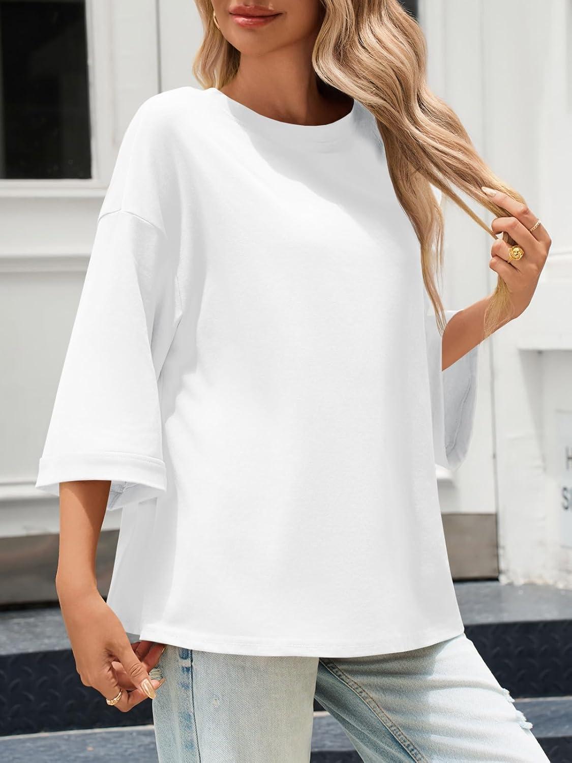 imageTankaneo Womens Oversized 34 Bell Sleeve TShirts Casual Crewneck Fall Trendy Tunic Tops Loose Fit Basic TeesWhite