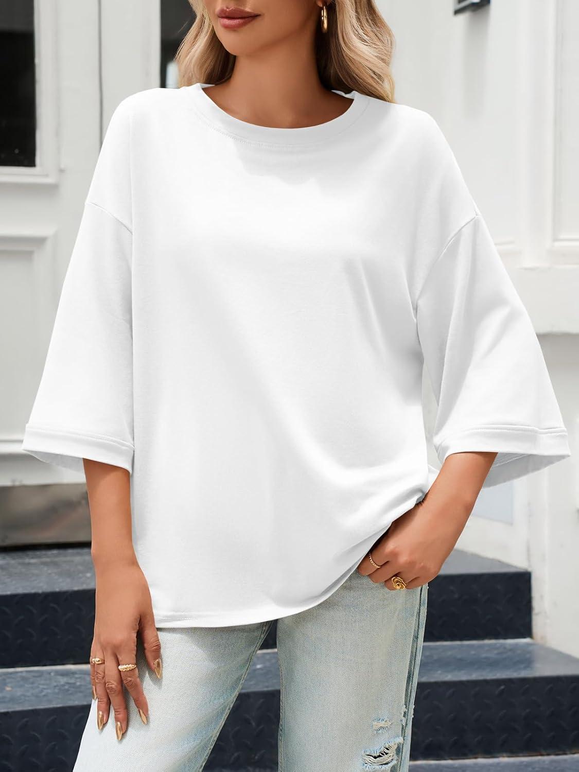 imageTankaneo Womens Oversized 34 Bell Sleeve TShirts Casual Crewneck Fall Trendy Tunic Tops Loose Fit Basic TeesWhite