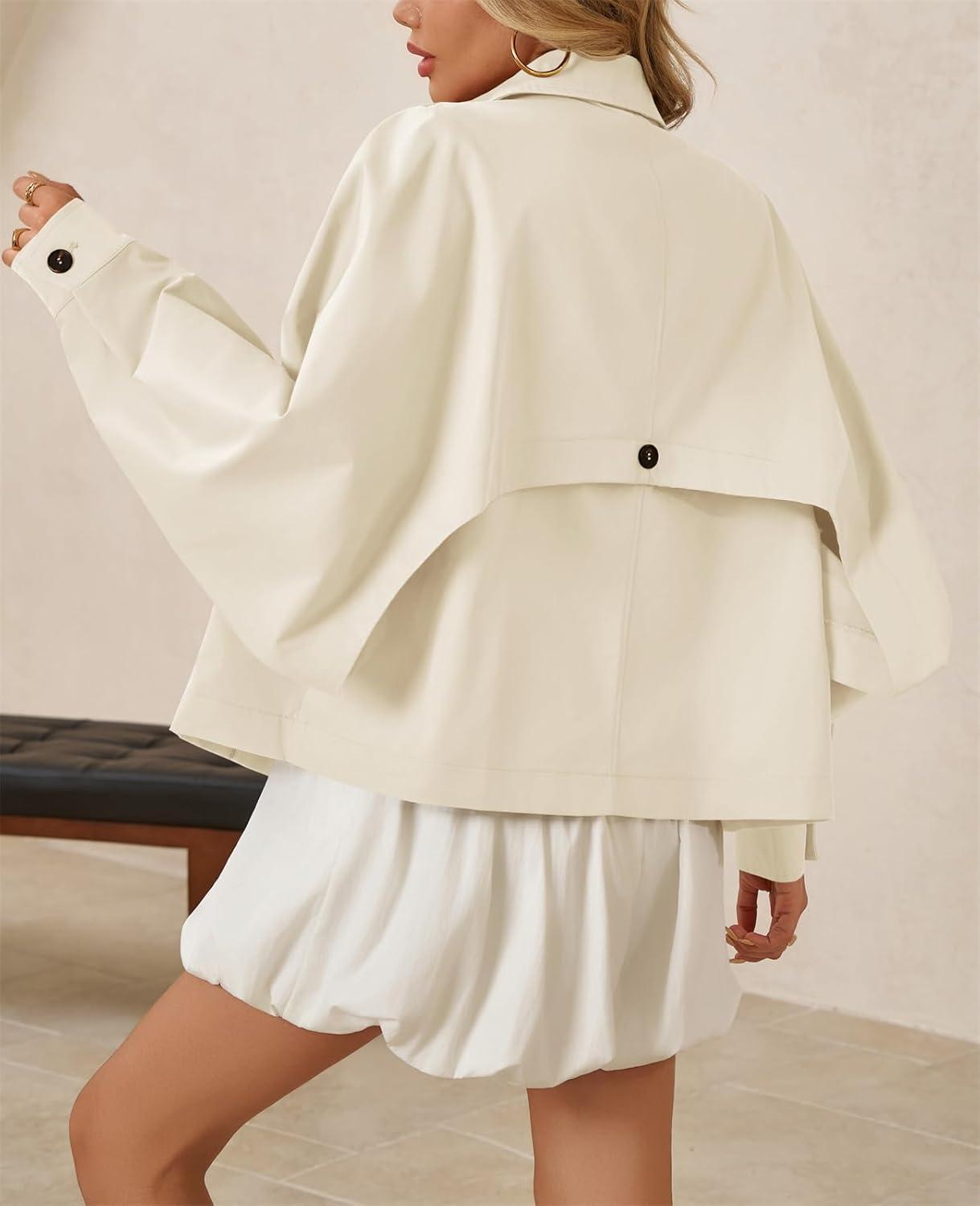 imageTankaneo Womens Oversized Cropped Trench Coat Batwing Sleeve Single Breasted Lapel Casual Jackets Fall Button up OuterwearBeige