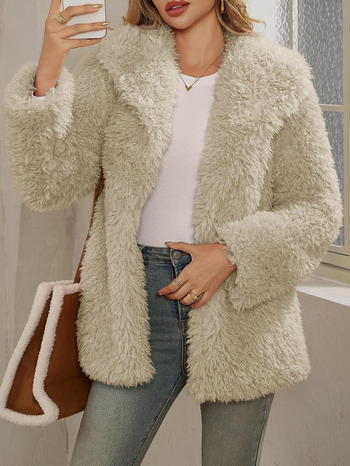 imageTankaneo Womens Oversized Faux Fur Coat Lapel Collar Open Front Fuzzy Jackets Winter Warm Fluffy OuterwearApricot