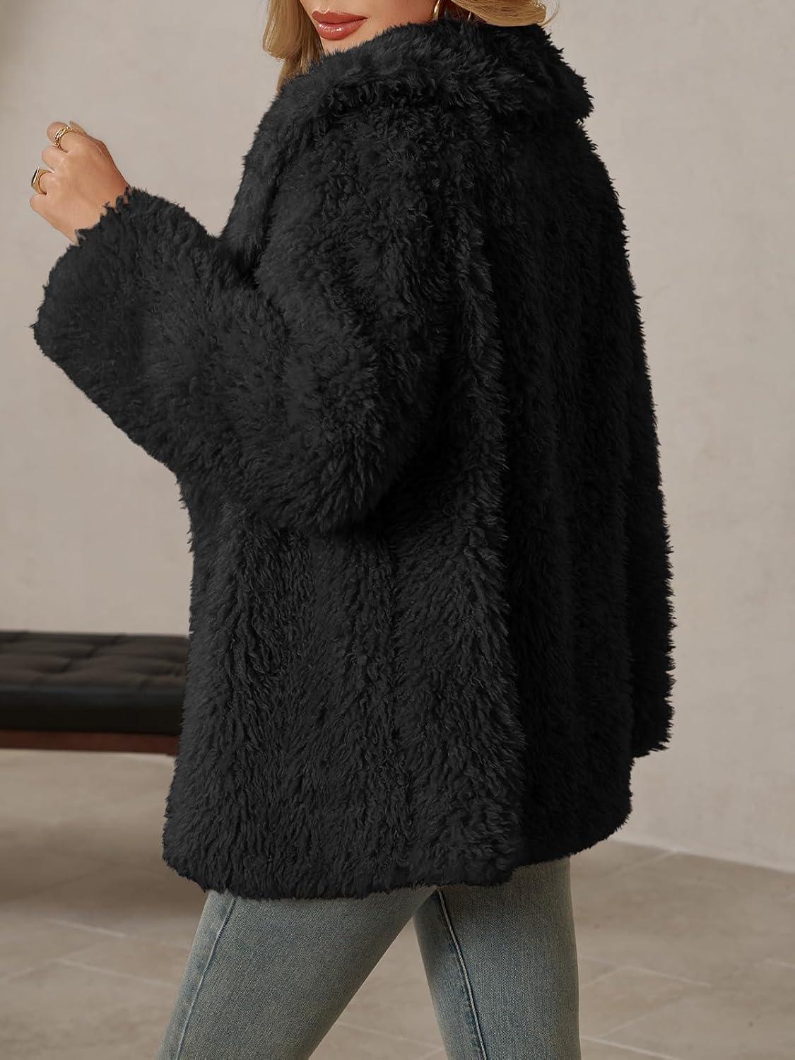 imageTankaneo Womens Oversized Faux Fur Coat Lapel Collar Open Front Fuzzy Jackets Winter Warm Fluffy OuterwearBlack