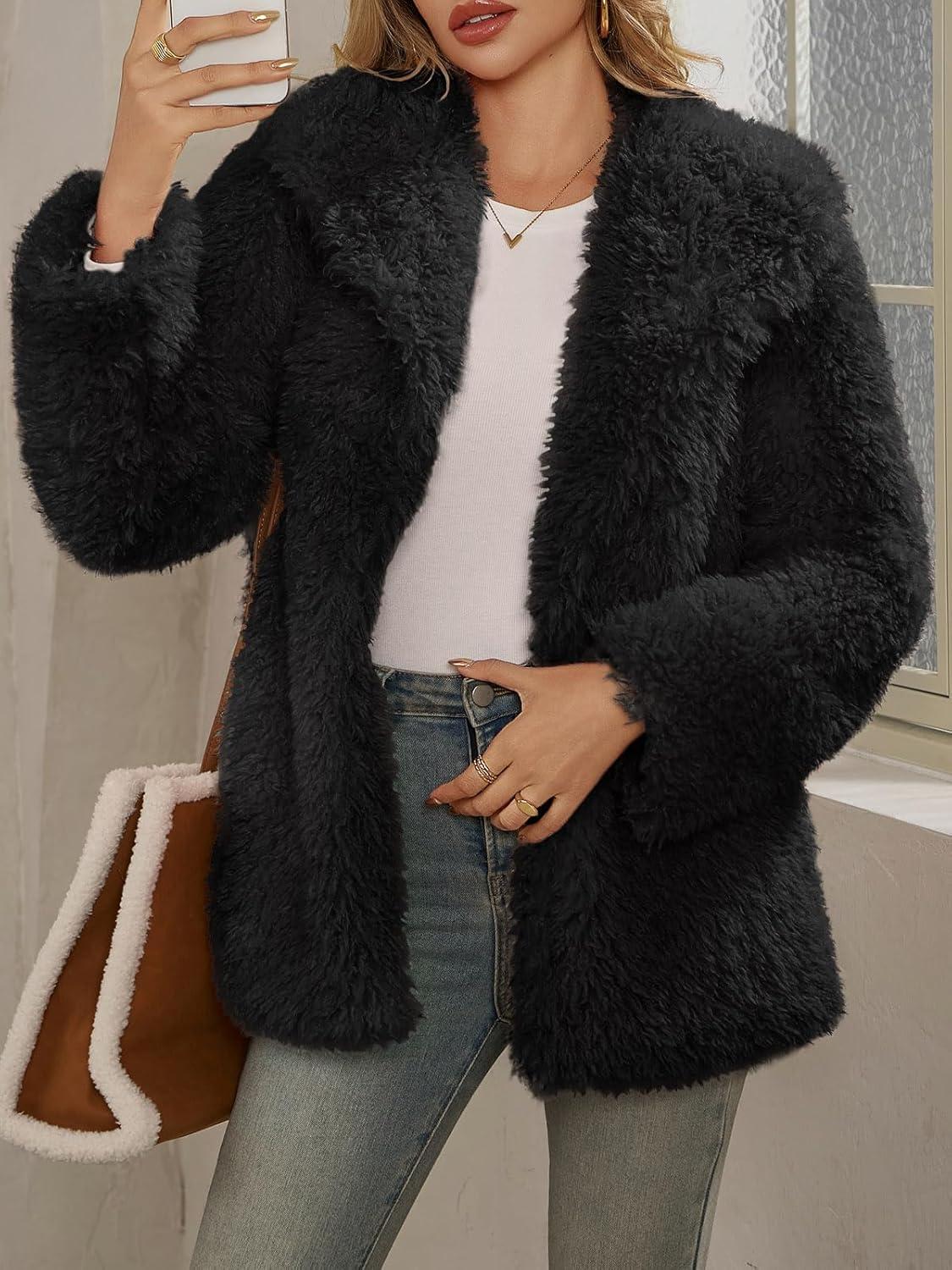 imageTankaneo Womens Oversized Faux Fur Coat Lapel Collar Open Front Fuzzy Jackets Winter Warm Fluffy OuterwearBlack