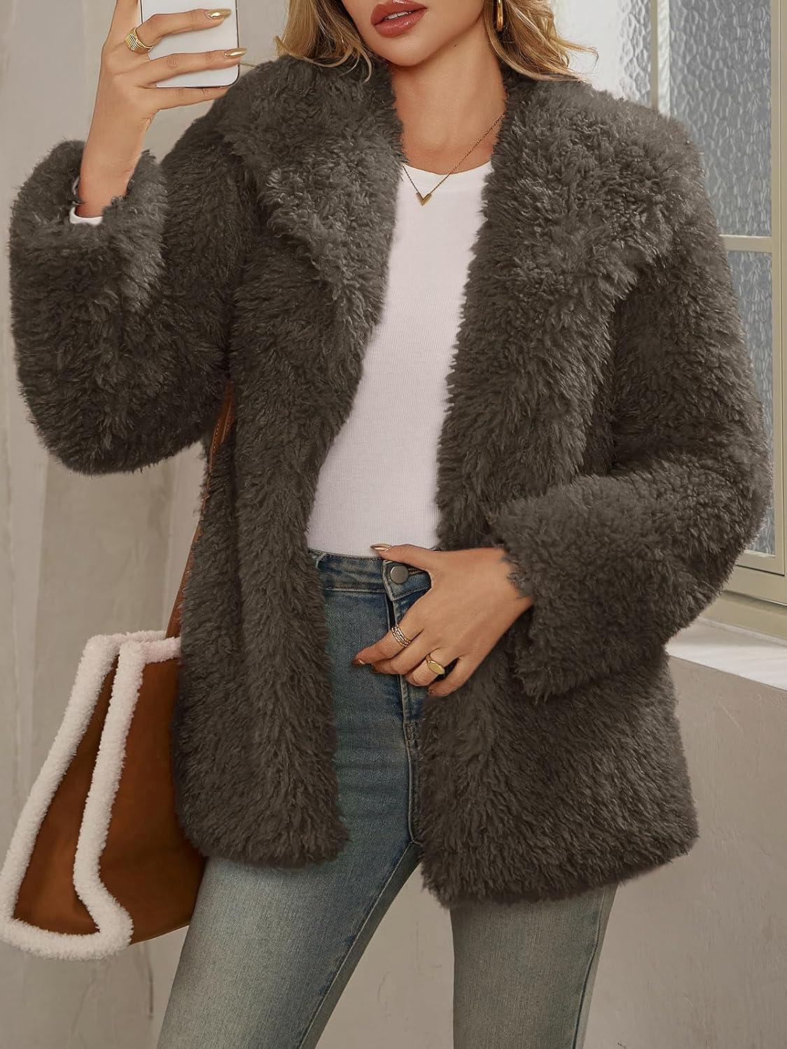 imageTankaneo Womens Oversized Faux Fur Coat Lapel Collar Open Front Fuzzy Jackets Winter Warm Fluffy OuterwearBrown