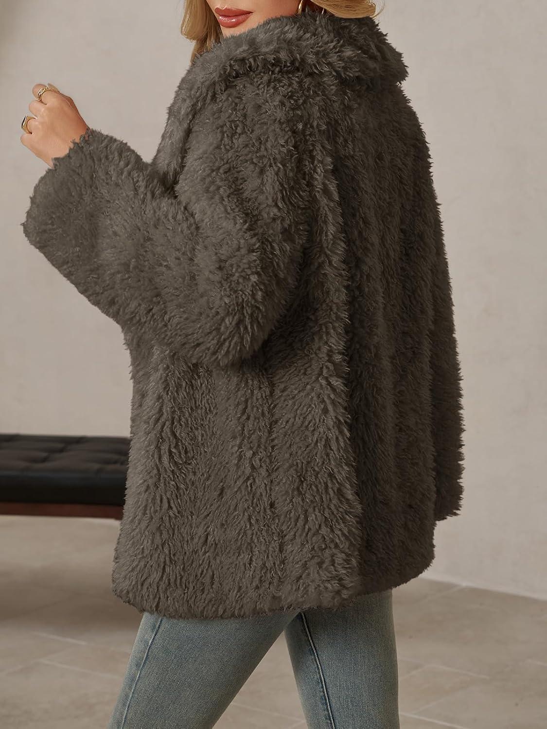 imageTankaneo Womens Oversized Faux Fur Coat Lapel Collar Open Front Fuzzy Jackets Winter Warm Fluffy OuterwearGrey